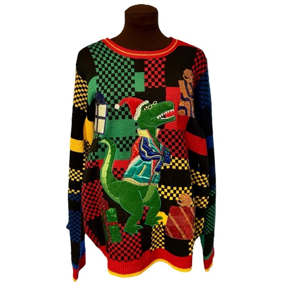Ugly Christmas Sweater Dinosaur T-Rex Dino Santa Hat Plaid, Mens size Large - Picture 5 of 10